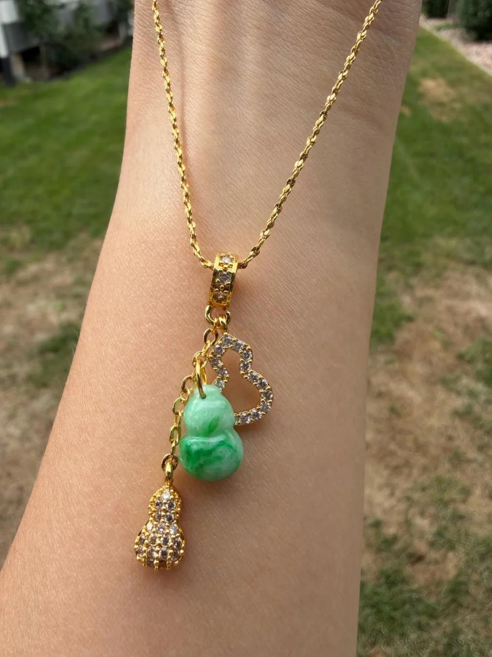 Handcrafted Natural Type A Vivid Sun Green Jadeite Gourd (Wu Lou) Pendant